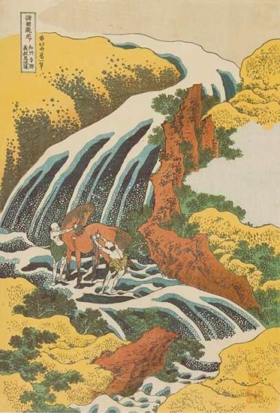 Waterfall where Yoshitsune Washed his Horse at Yoshino in Yamato Province (Washu Yoshino Yoshitsune uma arai no taki) by Katsushika Hokusai