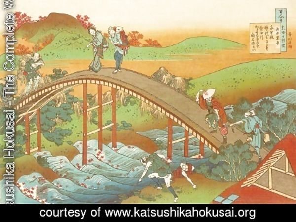 Katsushika Hokusai - People Crossing an Arched Bridge (Ariwara no Narihira)