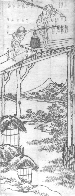 Katsushika Hokusai - Woman and a Boy Crossing a Bridge