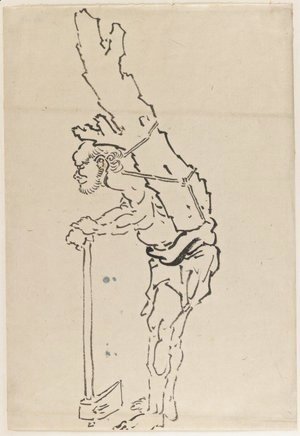 Katsushika Hokusai - Drawing of Man Resting on Axe and Carrying Part of Tree Trunk on His Back