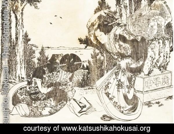 Katsushika Hokusai - An older woman hits another woman with her shoe