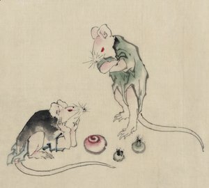 Katsushika Hokusai - Two mice, one lying on the ground with head resting on forepaws