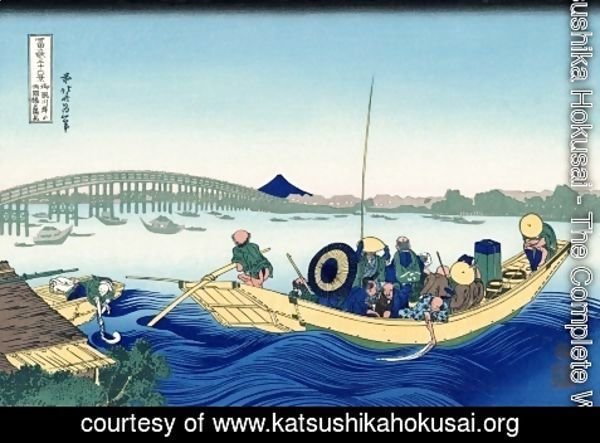 Katsushika Hokusai - Viewing the Evening Sun at Ryogoku Bridge from Onmayagashi (Onmayagashi yori Ryogokubashi no sekiyo o miru)