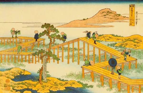 Ancient View of Yatsuhashi in Mikawa Province (Mikawa no Yatsuhashi no kozu) by Katsushika Hokusai