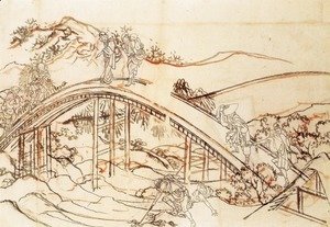 Katsushika Hokusai - People Crossing an Arched Bridge
