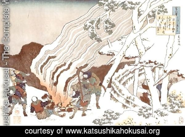 Katsushika Hokusai - Hunters by a Fire in the Snow (Minamoto no Muneyuki ason)