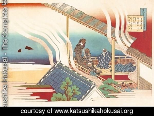 Katsushika Hokusai - Bath-House by a Lake (Fujiwara no Yoshitaka)