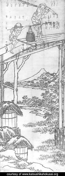Katsushika Hokusai - Woman and a Boy Crossing a Bridge