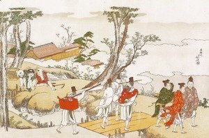 Katsushika Hokusai - Courtiers Crossing a Bridge