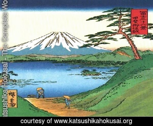 Katsushika Hokusai - A Green Hilly View of Mt Fuji over a Lake