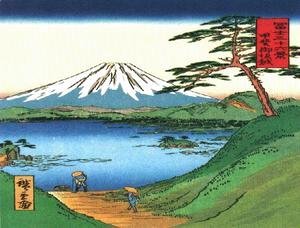 A Green Hilly View of Mt Fuji over a Lake