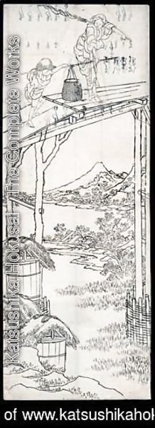Katsushika Hokusai - Dessin Une Femme Et Un Jeune Garcon Traversent Un Pont