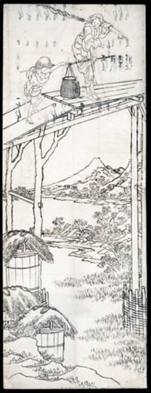 Katsushika Hokusai - Dessin Une Femme Et Un Jeune Garcon Traversent Un Pont