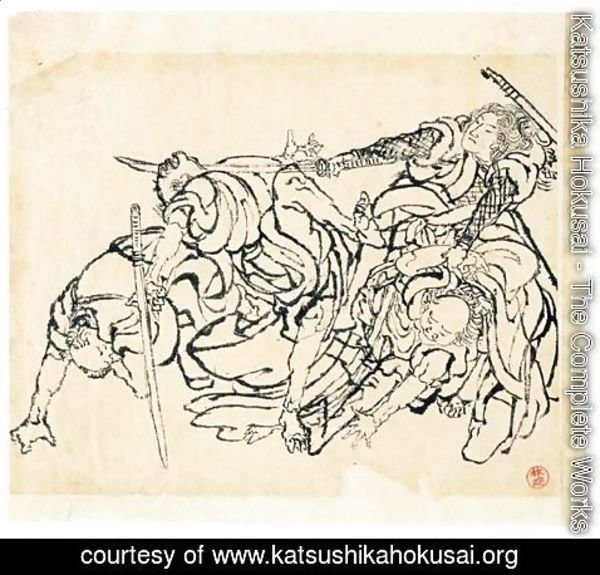 Katsushika Hokusai - Dessin Lutte De Guerriers