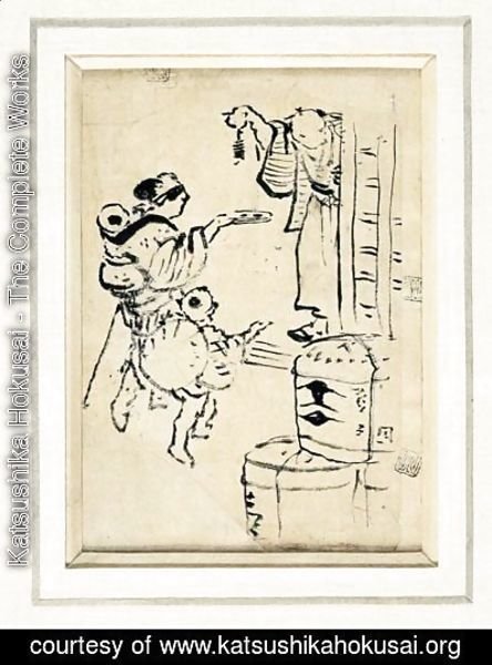 Katsushika Hokusai - Dessin Une Femme Et Son Enfant Faisant L'Aumone