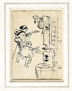 Katsushika Hokusai - Dessin Une Femme Et Son Enfant Faisant L'Aumone