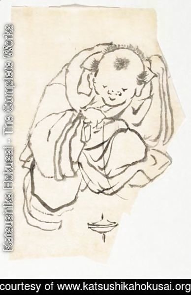 Katsushika Hokusai - Deux Dessins 1 enfant Jouant Avec Une Toupie 2 guerrier En Armure