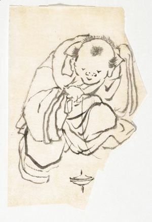 Katsushika Hokusai - Deux Dessins 1 enfant Jouant Avec Une Toupie 2 guerrier En Armure