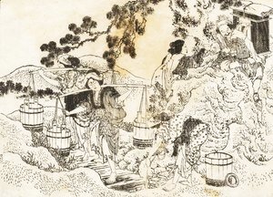 Katsushika Hokusai - Four women working very hard and carrying vats of water