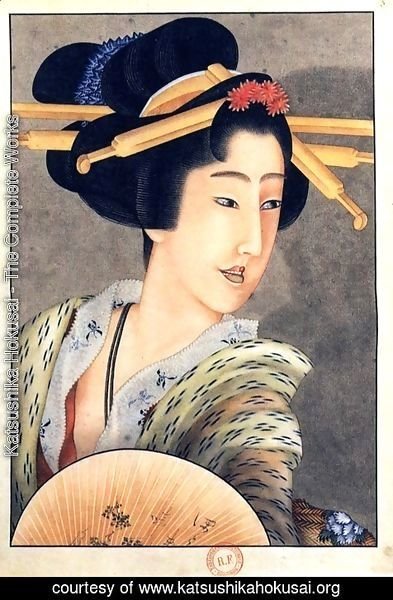 Katsushika Hokusai - Portrait of a woman holding a fan