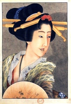 Katsushika Hokusai - Portrait of a woman holding a fan