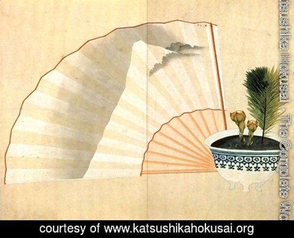 Katsushika Hokusai - Porcelain pot with open fan
