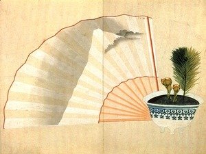 Katsushika Hokusai - Porcelain pot with open fan