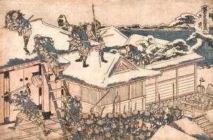 Katsushika Hokusai - The ronin attack the principal gate of Kira's mansion