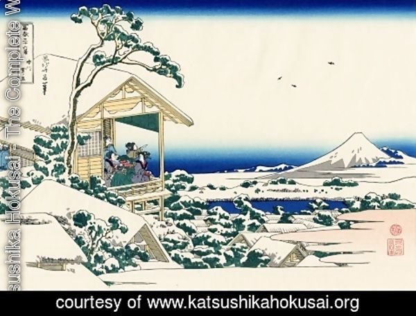 Katsushika Hokusai - Tea house at Koishikawa. The morning after a snowfall