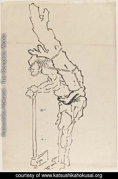 Katsushika Hokusai - Drawing of Man Resting on Axe and Carrying Part of Tree Trunk on His Back