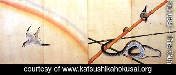 Katsushika Hokusai - Snake curling around a bamboo stalk with a sparrow on it