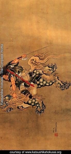 Shoki riding a shishi lion