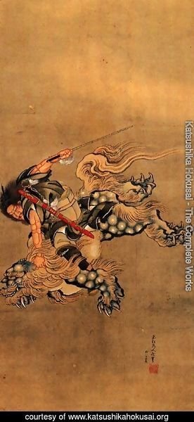 Katsushika Hokusai - Shoki riding a shishi lion